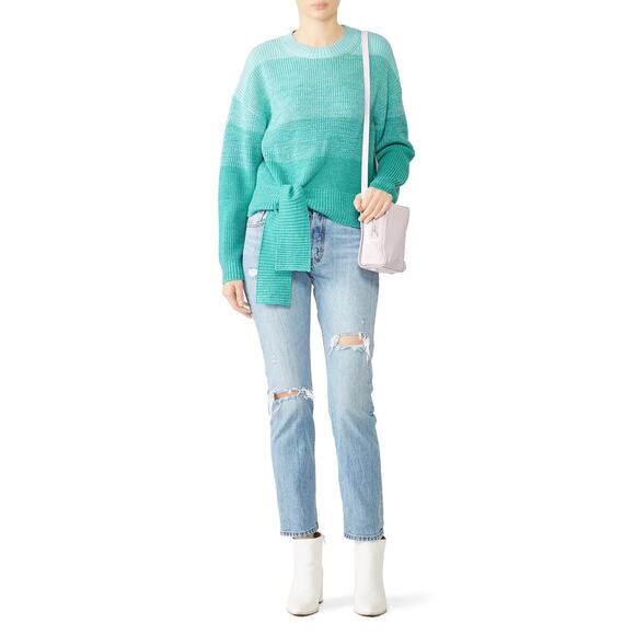 Parker Hampton Teal Blue Colorblock Tie Hem Crewneck Sweater Size Large - Picture 1 of 11